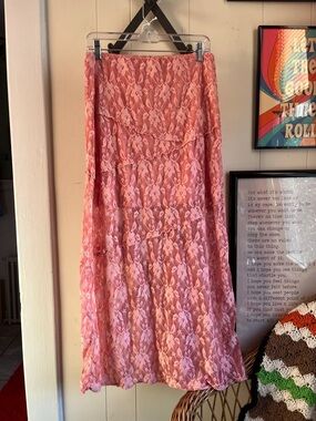Lace Tiered Maxi Skirt - Pink